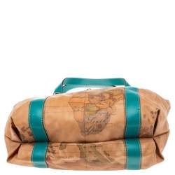 Pre Owned Alviero Martini 1A Classe Tan/Green Geo Print Coated Canvas and Leather Zip Tote