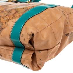 Pre Owned Alviero Martini 1A Classe Tan/Green Geo Print Coated Canvas and Leather Zip Tote