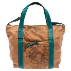 Pre Owned Alviero Martini 1A Classe Tan/Green Geo Print Coated Canvas and Leather Zip Tote
