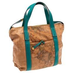 Pre Owned Alviero Martini 1A Classe Tan/Green Geo Print Coated Canvas and Leather Zip Tote