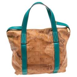 Pre Owned Alviero Martini 1A Classe Tan/Green Geo Print Coated Canvas and Leather Zip Tote