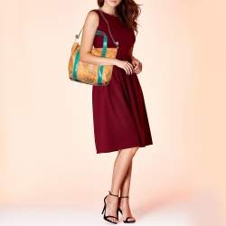 Pre Owned Alviero Martini 1A Classe Tan/Green Geo Print Coated Canvas and Leather Zip Tote