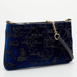 Pre Owned Alviero Martini 1A Classe Dark Blue Geo Print Velvet and Leather Shoulder Bag