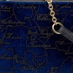 Pre Owned Alviero Martini 1A Classe Dark Blue Geo Print Velvet and Leather Shoulder Bag