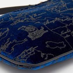 Pre Owned Alviero Martini 1A Classe Dark Blue Geo Print Velvet and Leather Shoulder Bag