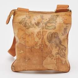 Alviero Martini 1A Classe  Tan Coated Canvas and Leather Geo Classic Flat Messenger Bag