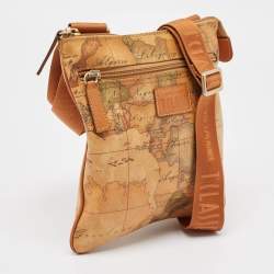 Alviero Martini 1A Classe  Tan Coated Canvas and Leather Geo Classic Flat Messenger Bag