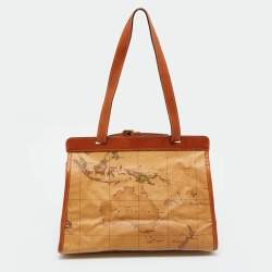 Alviero Martini 1A Classe Tan Geo Print Coated Canvas and Leather Buckle Flap Shoulder Bag