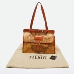 Alviero Martini 1A Classe Tan Geo Print Coated Canvas and Leather Buckle Flap Shoulder Bag