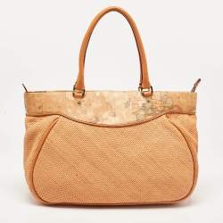 Pre Owned Alviero Martini 1A Classe Orange/Tan Geo Print Coated Canvas and Woven Leather Zip Tote