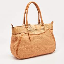 Pre Owned Alviero Martini 1A Classe Orange/Tan Geo Print Coated Canvas and Woven Leather Zip Tote