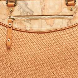 Pre Owned Alviero Martini 1A Classe Orange/Tan Geo Print Coated Canvas and Woven Leather Zip Tote