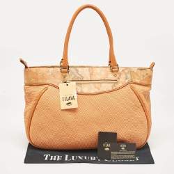 Pre Owned Alviero Martini 1A Classe Orange/Tan Geo Print Coated Canvas and Woven Leather Zip Tote