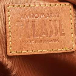 Pre Owned Alviero Martini 1A Classe Orange/Tan Geo Print Coated Canvas and Woven Leather Zip Tote