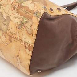 Pre Owned Alviero Martini 1A Classe Tan/Black Geo Print Coated Canvas and Leather Studded Tote