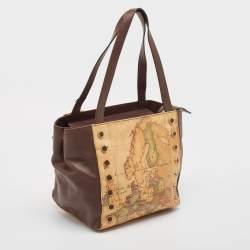 Pre Owned Alviero Martini 1A Classe Tan/Black Geo Print Coated Canvas and Leather Studded Tote