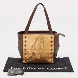 Pre Owned Alviero Martini 1A Classe Tan/Black Geo Print Coated Canvas and Leather Studded Tote