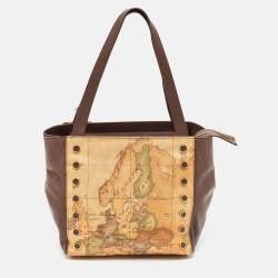 Pre Owned Alviero Martini 1A Classe Tan/Black Geo Print Coated Canvas and Leather Studded Tote