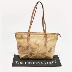 Alviero Martini 1A Classe Tan Coated Canvas and Leather Geo Print Zip Tote
