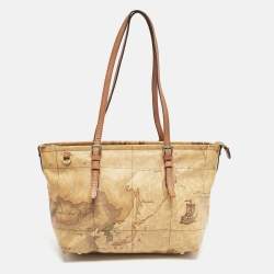 Alviero Martini 1A Classe Tan Coated Canvas and Leather Geo Print Zip Tote