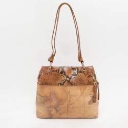 Alviero Martini 1A Classe Tan Geo Canvas and Python Embossed Leather Top Handle Bag
