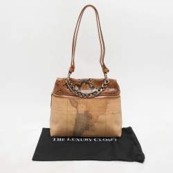 Alviero Martini 1A Classe Tan Geo Canvas and Python Embossed Leather Top Handle Bag
