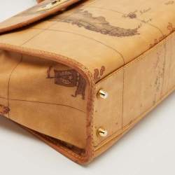 Alviero Martini 1A Classe Tan Geo Print Coated Canvas and Leather Flap Top Handle Bag