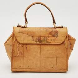Alviero Martini 1A Classe Tan Geo Print Coated Canvas and Leather Flap Top Handle Bag