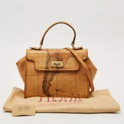 Alviero Martini 1A Classe Tan Geo Print Coated Canvas and Leather Flap Top Handle Bag