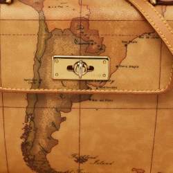 Alviero Martini 1A Classe Tan Geo Print Coated Canvas and Leather Flap Top Handle Bag