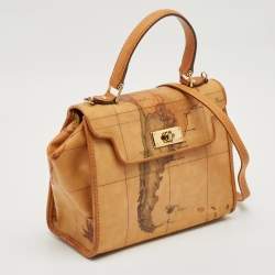 Alviero Martini 1A Classe Tan Geo Print Coated Canvas and Leather Flap Top Handle Bag