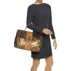 Alviero Martini 1A Classe Metallic Gold Croc Embossed Leather and Coated Canvas Geo Print Top Handle Bag