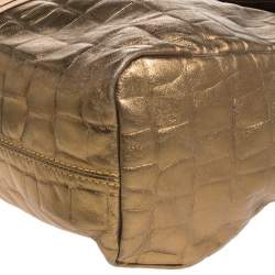 Alviero Martini 1A Classe Metallic Gold Croc Embossed Leather and Coated Canvas Geo Print Top Handle Bag