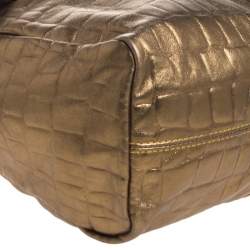 Alviero Martini 1A Classe Metallic Gold Croc Embossed Leather and Coated Canvas Geo Print Top Handle Bag