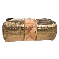 Alviero Martini 1A Classe Metallic Gold Croc Embossed Leather and Coated Canvas Geo Print Top Handle Bag