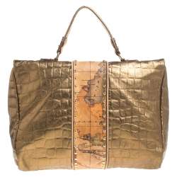 Alviero Martini 1A Classe Metallic Gold Croc Embossed Leather and Coated Canvas Geo Print Top Handle Bag
