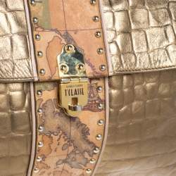 Alviero Martini 1A Classe Metallic Gold Croc Embossed Leather and Coated Canvas Geo Print Top Handle Bag
