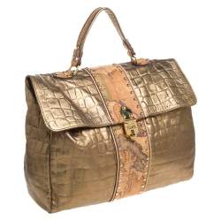 Alviero Martini 1A Classe Metallic Gold Croc Embossed Leather and Coated Canvas Geo Print Top Handle Bag