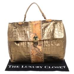 Alviero Martini 1A Classe Metallic Gold Croc Embossed Leather and Coated Canvas Geo Print Top Handle Bag