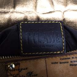 Alviero Martini 1A Classe Metallic Gold Croc Embossed Leather and Coated Canvas Geo Print Top Handle Bag