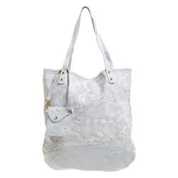Pre Owned Alviero Martini 1A Classe Light Grey Embossed Print Suede Tote