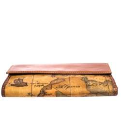 Pre Owned Alviero Martini 1A Classe Tan Geo Map Coated Canvas and Leather Multiple Pocket Flap Wallet