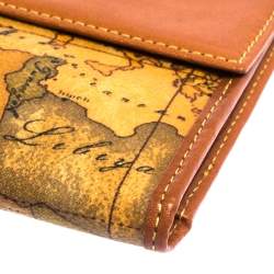 Pre Owned Alviero Martini 1A Classe Tan Geo Map Coated Canvas and Leather Multiple Pocket Flap Wallet