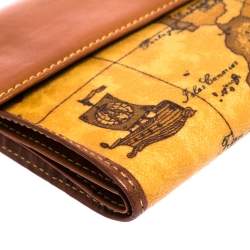Pre Owned Alviero Martini 1A Classe Tan Geo Map Coated Canvas and Leather Multiple Pocket Flap Wallet