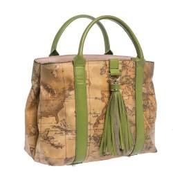 Pre Owned Alviero Martini 1A Classe Beige/Green Geo Print Coated Canvas and Leather Tassel Tote