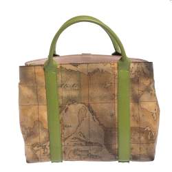 Pre Owned Alviero Martini 1A Classe Beige/Green Geo Print Coated Canvas and Leather Tassel Tote