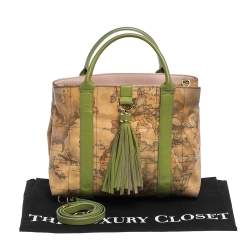 Pre Owned Alviero Martini 1A Classe Beige/Green Geo Print Coated Canvas and Leather Tassel Tote