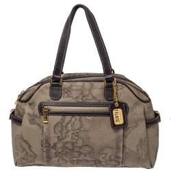 Alviero Martini 1A Classe Grey Geo Print Coated Canvas and Leather Front Pocket Satchel
