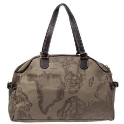 Alviero Martini 1A Classe Grey Geo Print Coated Canvas and Leather Front Pocket Satchel