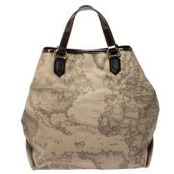 Pre Owned Alviero Martini 1A Classe Beige/Dark Brown Coated Canvas and Patent Leather Tote